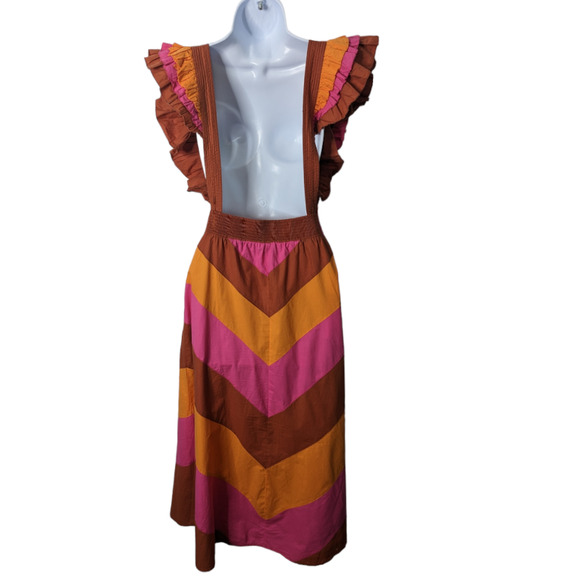 Love the Label Ruffle Strap Colorblock Midi Dress Cotton Pink Orange Medium - Picture 4 of 11